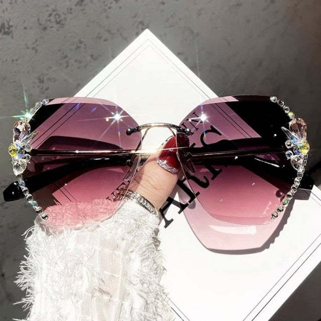 Vintage Rimless Rhinestone Sunglasses Women Men Retro Cutting Lens Gradient Sun Glasses Female UV400