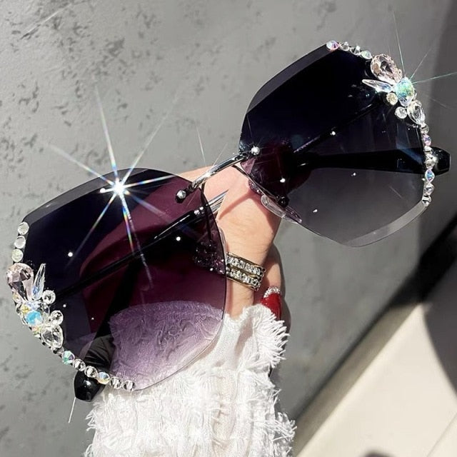Vintage Rimless Rhinestone Sunglasses Women Men Retro Cutting Lens Gradient Sun Glasses Female UV400