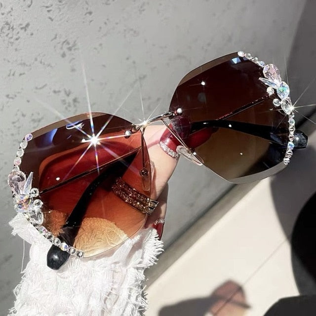 Vintage Rimless Rhinestone Sunglasses Women Men Retro Cutting Lens Gradient Sun Glasses Female UV400