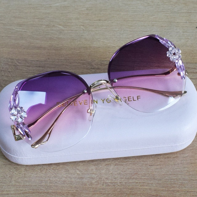 Diamond Oversize Vintage Sunglasses Women Lunette De Solei Femme Sun Glasses Rimless Rhinestone Oculos De Sol Feminino