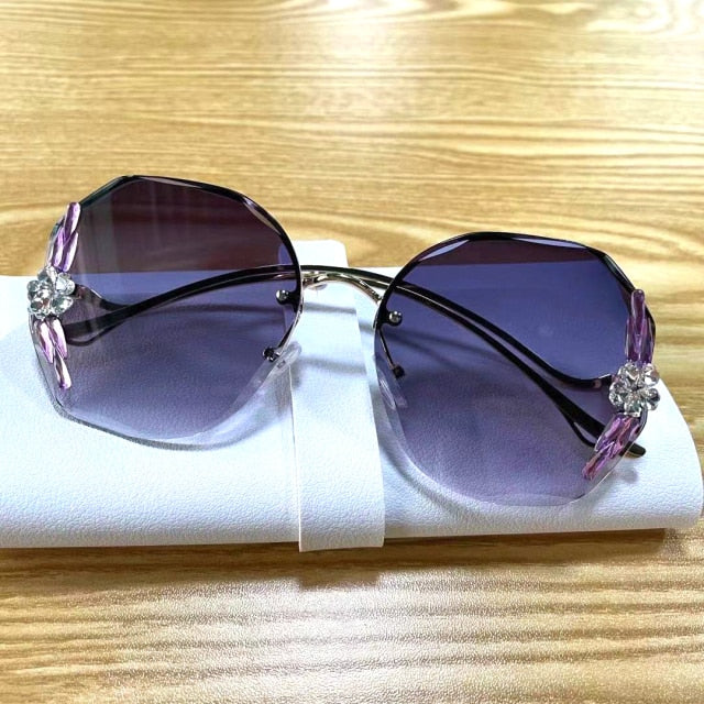 Diamond Oversize Vintage Sunglasses Women Lunette De Solei Femme Sun Glasses Rimless Rhinestone Oculos De Sol Feminino