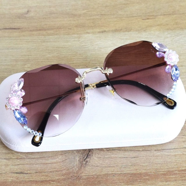 Diamond Oversize Vintage Sunglasses Women Lunette De Solei Femme Sun Glasses Rimless Rhinestone Oculos De Sol Feminino