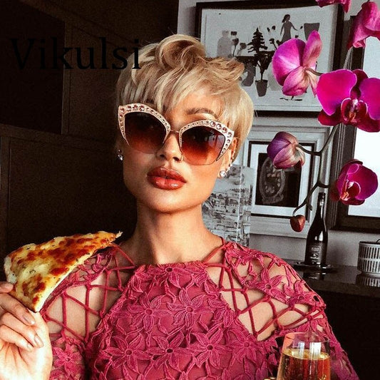 New Fashion Brand Cat Eye Pink Sunglasses Woman Shades Mirror Female Rhinestone Sun Glasses For Female Coating Gafas UV400