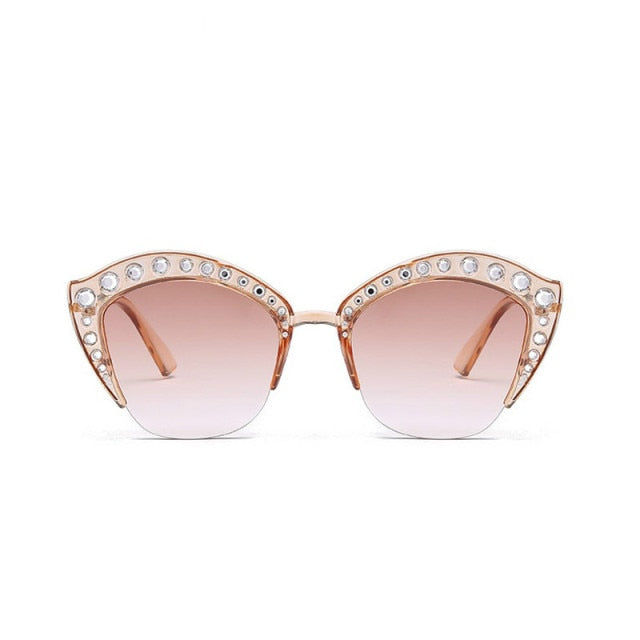 New Fashion Brand Cat Eye Pink Sunglasses Woman Shades Mirror Female Rhinestone Sun Glasses For Female Coating Gafas UV400