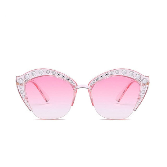 New Fashion Brand Cat Eye Pink Sunglasses Woman Shades Mirror Female Rhinestone Sun Glasses For Female Coating Gafas UV400