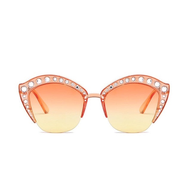 New Fashion Brand Cat Eye Pink Sunglasses Woman Shades Mirror Female Rhinestone Sun Glasses For Female Coating Gafas UV400