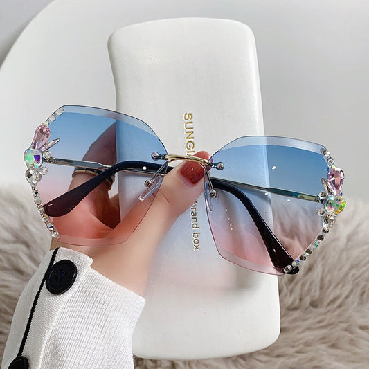 Vintage Rimless Rhinestone Sunglasses Women 2026 Luxury Brand Design Fashion Gradient Lens Sun Glasses Men Shades for Female