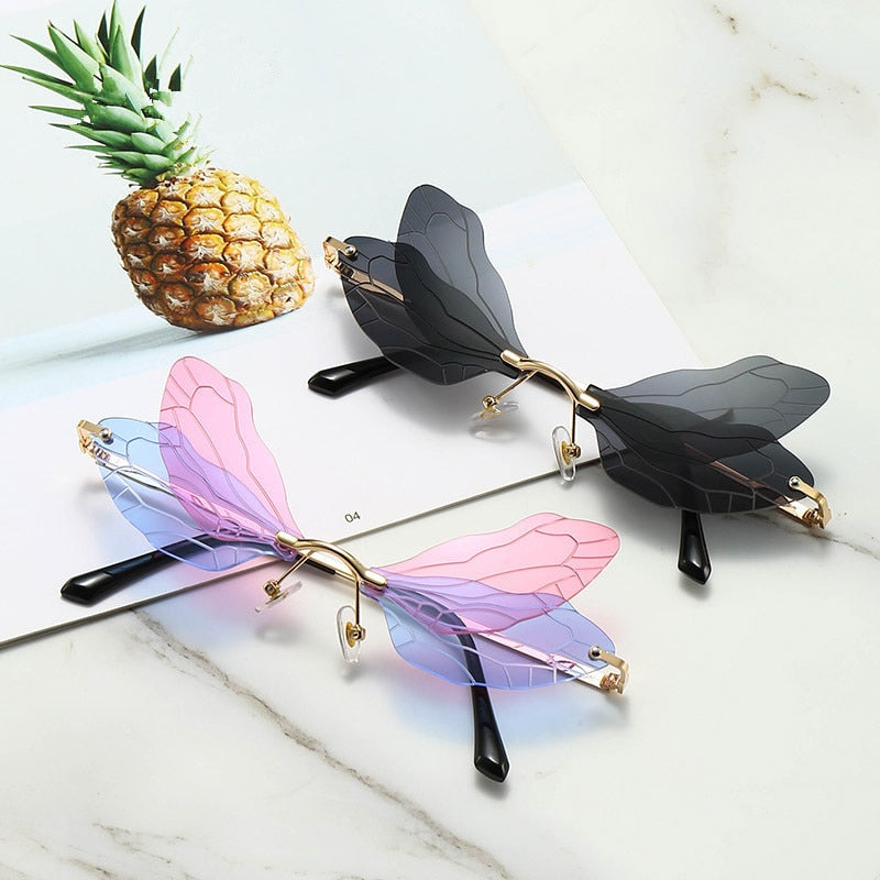 Dragonfly  Sunglasses Women Men Brand Design Rimless Wave Eyewear Luxury Trending Narrow Sun glasses