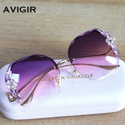 Diamond Oversize Vintage Sunglasses Women Lunette De Solei Femme Sun Glasses Rimless Rhinestone Oculos De Sol Feminino