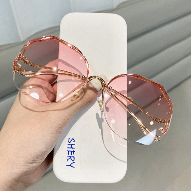 Diamond Oversize Vintage Sunglasses Women Lunette De Solei Femme Sun Glasses Rimless Rhinestone Oculos De Sol Feminino