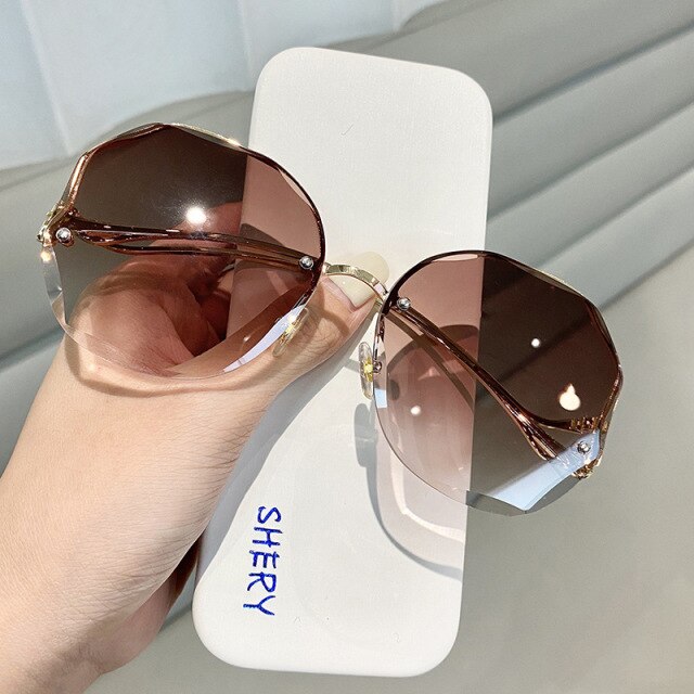 Diamond Oversize Vintage Sunglasses Women Lunette De Solei Femme Sun Glasses Rimless Rhinestone Oculos De Sol Feminino
