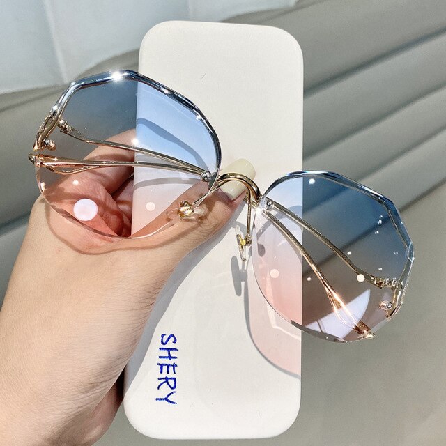 Diamond Oversize Vintage Sunglasses Women Lunette De Solei Femme Sun Glasses Rimless Rhinestone Oculos De Sol Feminino