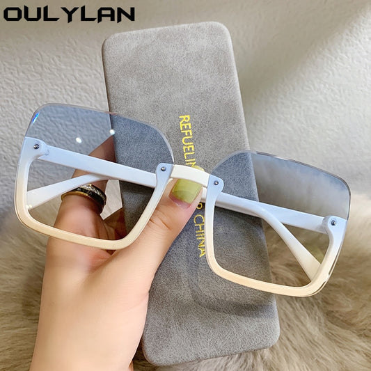 Oulylan Fashion Square Sunglasses Women Vintage Half Frame Oversized Sun Glasses for Men Luxury White Blue Eyewear UV400