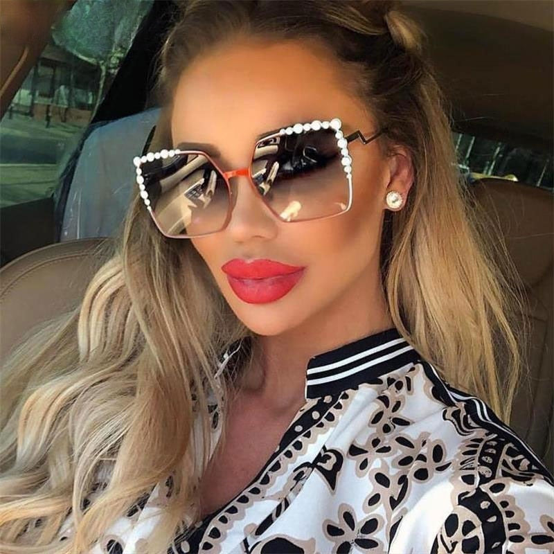 Oversized Square Sun Glasses Ladies New Luxury Pearl Sunglasses Women Brand Designer  Fashion Shades big Square
